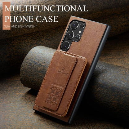Pour Samsung Galaxy S22 Ultra 5G Fierre Shann Étui de téléphone arrière en cuir de vachette ciré avec porte-cartes (Marron)