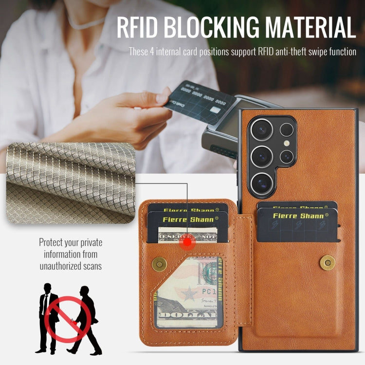 Pour Samsung Galaxy S22 Ultra 5G Fierre Shann Étui de téléphone arrière en cuir de vachette ciré avec porte-cartes (Marron)