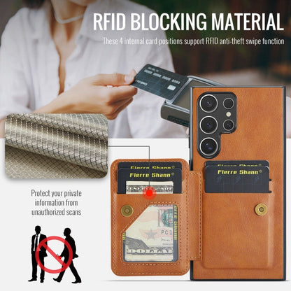 Pour Samsung Galaxy S22 Ultra 5G Fierre Shann Étui de téléphone arrière en cuir de vachette ciré avec porte-cartes (Marron)