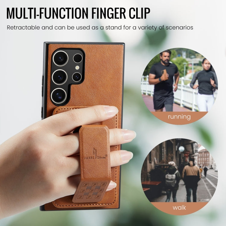 Pour Samsung Galaxy S22 Ultra 5G Fierre Shann Étui de téléphone arrière en cuir de vachette ciré avec porte-cartes (Marron)