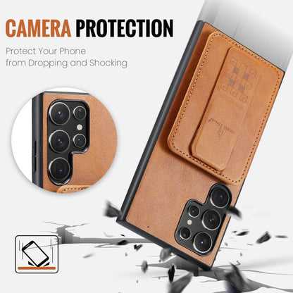 Pour Samsung Galaxy S22 Ultra 5G Fierre Shann Étui de téléphone arrière en cuir de vachette ciré avec porte-cartes (Marron)