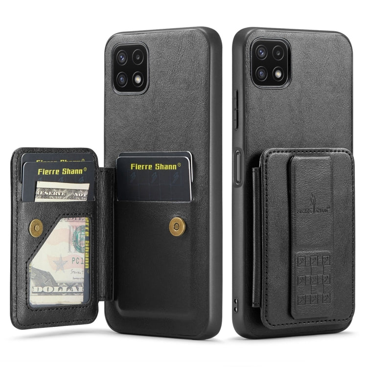 For Samsung Galaxy A22 5G Fierre Shann Oil Wax Cow Leather Card Holder Back Phone Case(Black)