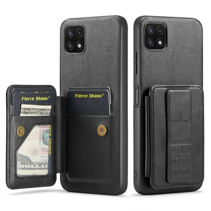 For Samsung Galaxy A22 5G Fierre Shann Oil Wax Cow Leather Card Holder Back Phone Case(Black)