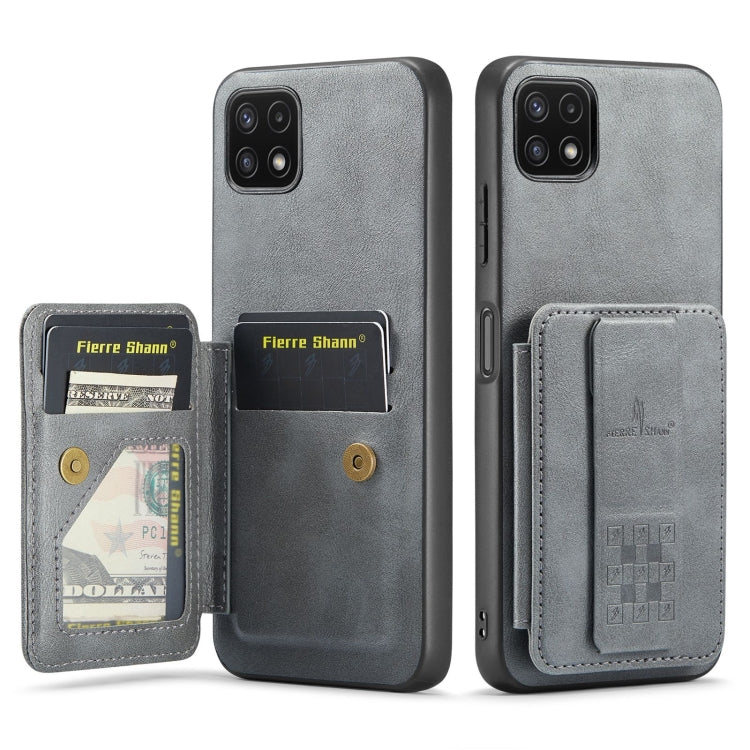 Pour Samsung Galaxy A22 5G Étui de téléphone arrière Fierre Shann en cuir de vachette ciré avec porte-cartes (Gris)