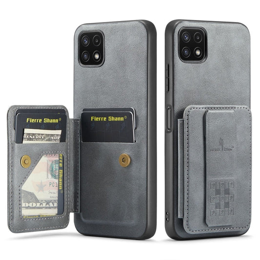 Pour Samsung Galaxy A22 5G Étui de téléphone arrière Fierre Shann en cuir de vachette ciré avec porte-cartes (Gris)