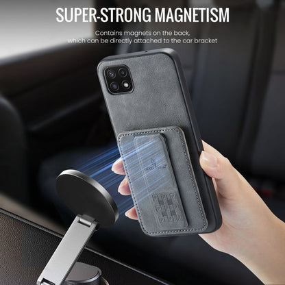 Pour Samsung Galaxy A22 5G Étui de téléphone arrière Fierre Shann en cuir de vachette ciré avec porte-cartes (Gris)