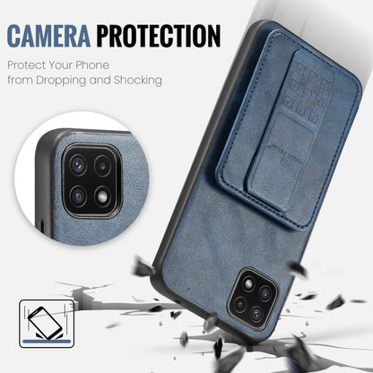 For Samsung Galaxy A22 5G Fierre Shann Oil Wax Cow Leather Card Holder Back Phone Case(Blue)