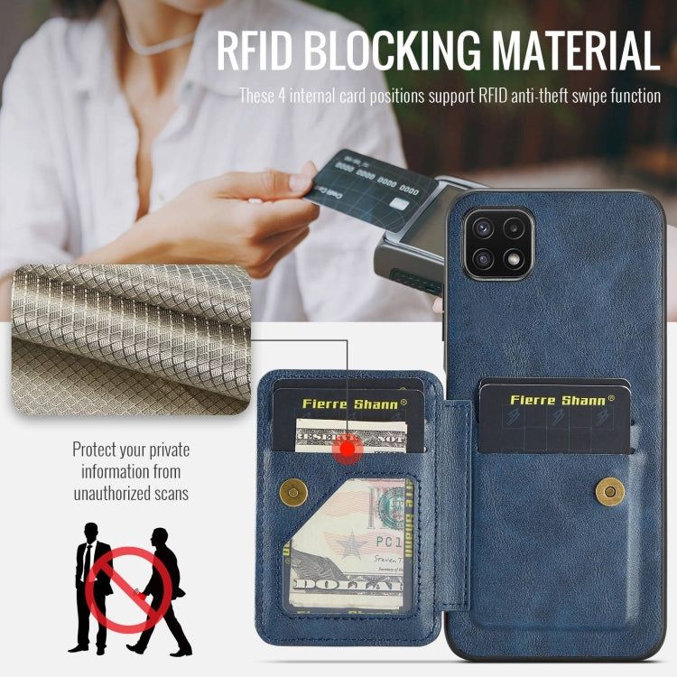 For Samsung Galaxy A22 5G Fierre Shann Oil Wax Cow Leather Card Holder Back Phone Case(Blue)