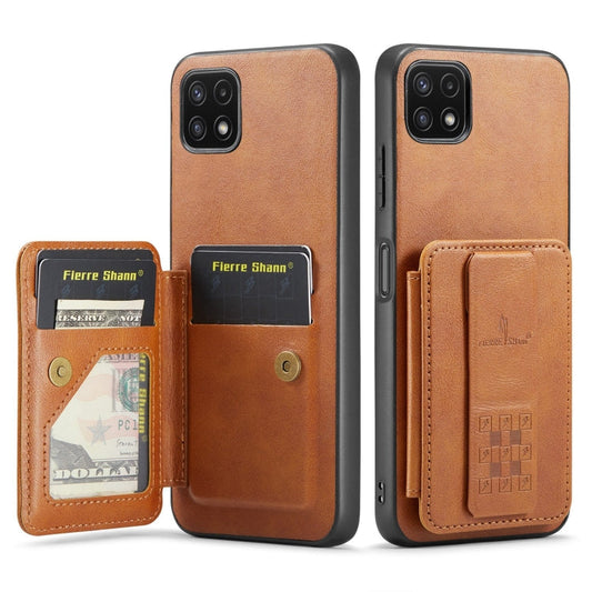 Pour Samsung Galaxy A22 5G Fierre Shann, étui de téléphone arrière en cuir de vachette ciré à l'huile avec porte-cartes (marron)