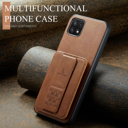 For Samsung Galaxy A22 5G Fierre Shann Oil Wax Cow Leather Card Holder Back Phone Case(Brown)