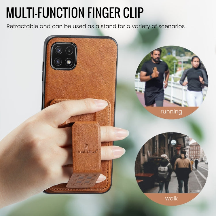For Samsung Galaxy A22 5G Fierre Shann Oil Wax Cow Leather Card Holder Back Phone Case(Brown)