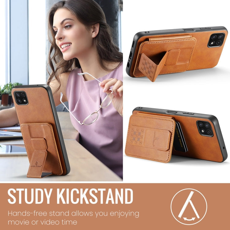 For Samsung Galaxy A22 5G Fierre Shann Oil Wax Cow Leather Card Holder Back Phone Case(Brown)