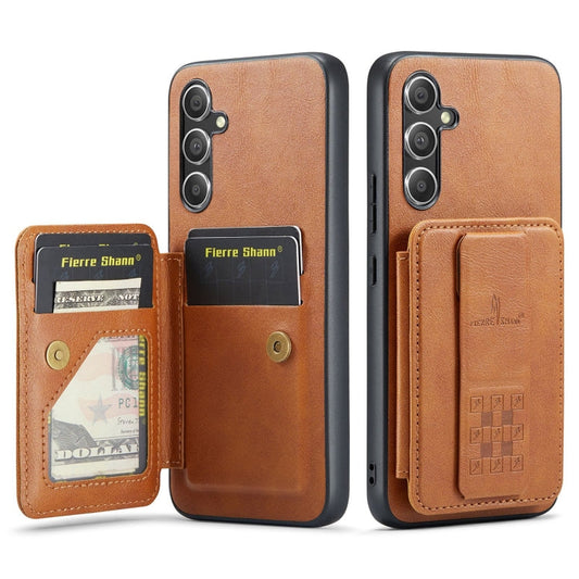 Pour Samsung Galaxy A34 5G Fierre Shann Étui de téléphone arrière en cuir de vachette ciré avec porte-cartes (marron)