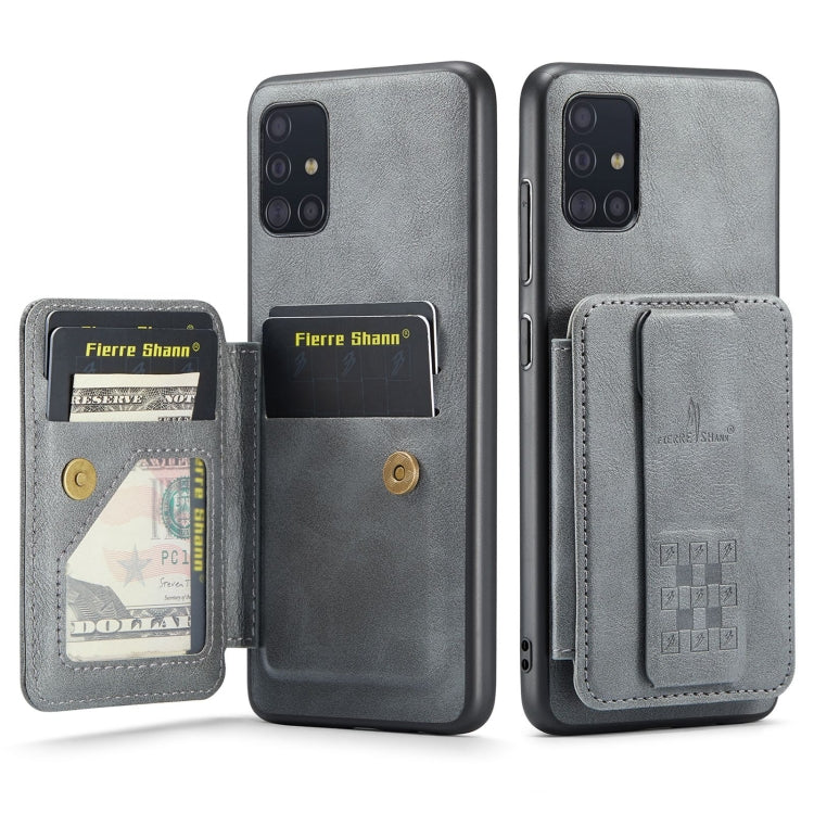 Pour Samsung Galaxy A51 4G Fierre Shann, étui de téléphone arrière en cuir de vachette ciré avec porte-cartes (gris)