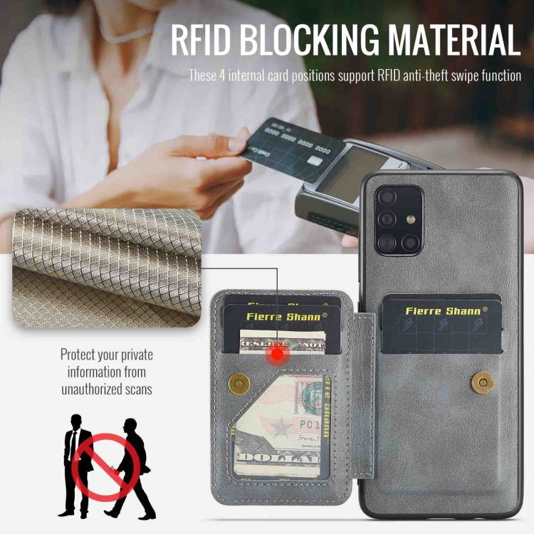 Pour Samsung Galaxy A51 4G Fierre Shann, étui de téléphone arrière en cuir de vachette ciré avec porte-cartes (gris)