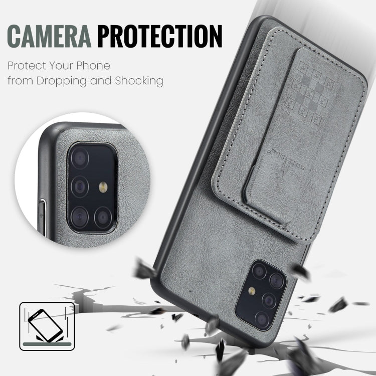 Pour Samsung Galaxy A51 4G Fierre Shann, étui de téléphone arrière en cuir de vachette ciré avec porte-cartes (gris)