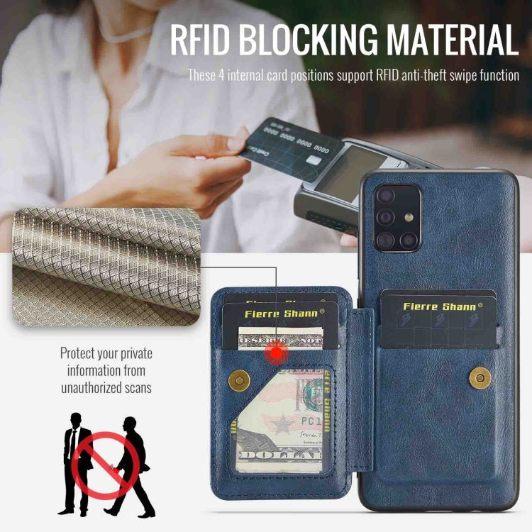 Pour Samsung Galaxy A51 4G Fierre Shann Étui de téléphone arrière en cuir de vachette ciré avec porte-cartes (Bleu)