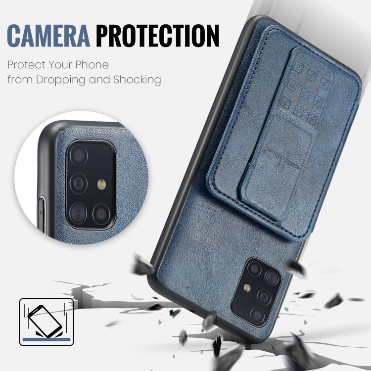 Pour Samsung Galaxy A51 4G Fierre Shann Étui de téléphone arrière en cuir de vachette ciré avec porte-cartes (Bleu)