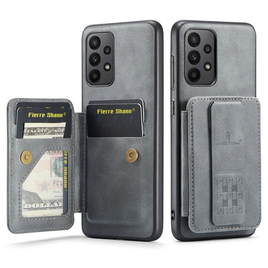 Pour Samsung Galaxy A53 5G Fierre Shann Étui de téléphone arrière en cuir de vachette ciré avec porte-cartes (Gris)
