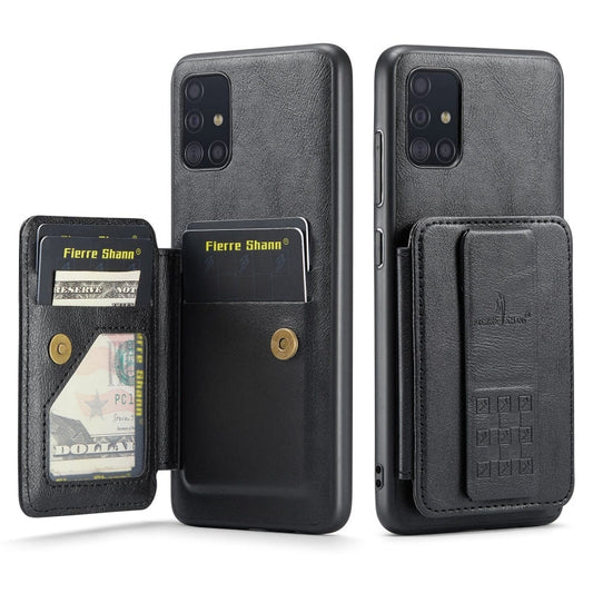 Pour Samsung Galaxy A71 4G Étui de téléphone arrière Fierre Shann en cuir de vachette ciré avec porte-cartes (Noir)