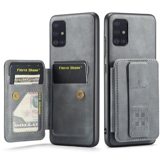 Pour Samsung Galaxy A71 4G Étui de téléphone arrière Fierre Shann en cuir de vachette ciré avec porte-cartes (Gris)