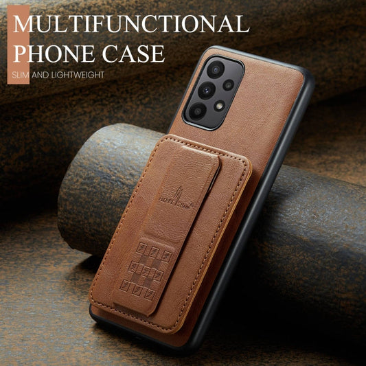 Pour Samsung Galaxy A73 Fierre Shann, étui de téléphone arrière en cuir de vachette ciré avec porte-cartes (marron)