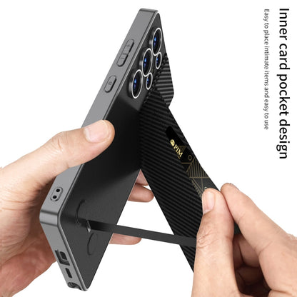 For Samsung Galaxy S25 Ultra 5G GKK Rotor Bracket Recessed Card Bag Full Coverage Phone Case(Carbon Fibre Texture)