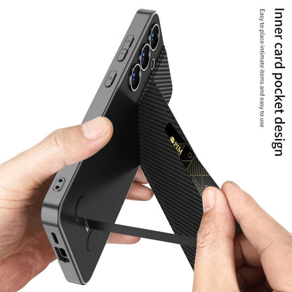 For Samsung Galaxy S25 5G GKK Rotor Bracket Recessed Card Bag Full Coverage Phone Case(Carbon Fibre Texture)