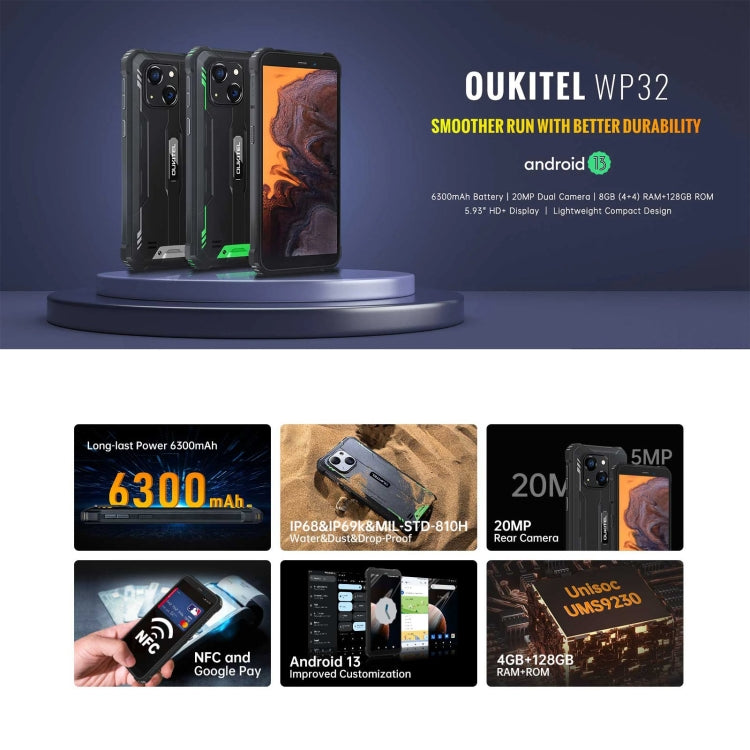 [HK Warehouse] Oukitel WP32, 4GB+128GB, IP68/IP69K, 5.93 inch Android 13 Unisoc Tiger T606 Octa-core, NFC, OTG, Network: 4G(Green)