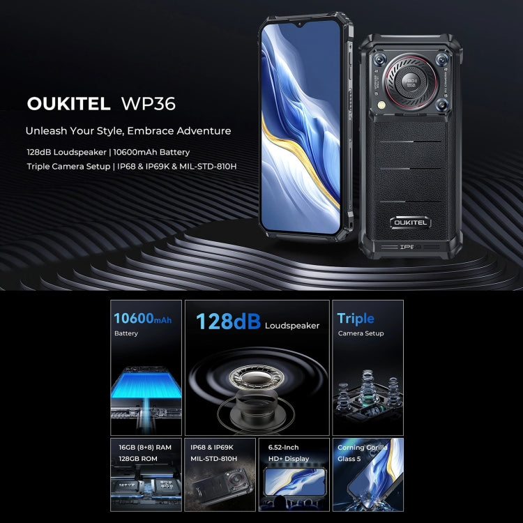 [HK Warehouse] Oukitel WP36, 8GB+128GB, IP68/IP69K, Fingerprint Identification, 10600mAh, 6.52 inch MediaTek MT8788 Octa Core, NFC, OTG, Network: 4G(Black)