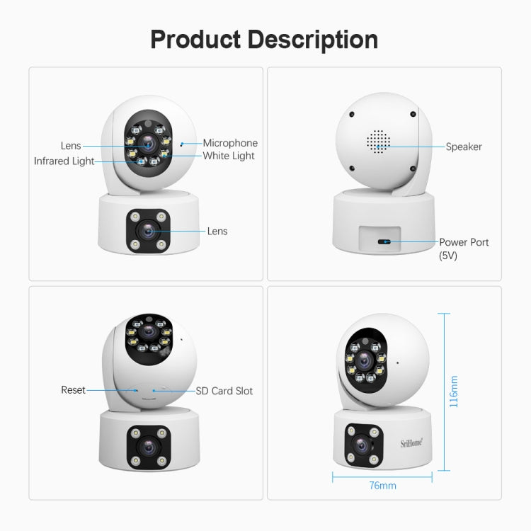 SriHome SH049 2MP + 2MP Humanoid Tracking Smart Night Vision Dual Lens HD IP Camera(UK Plug)