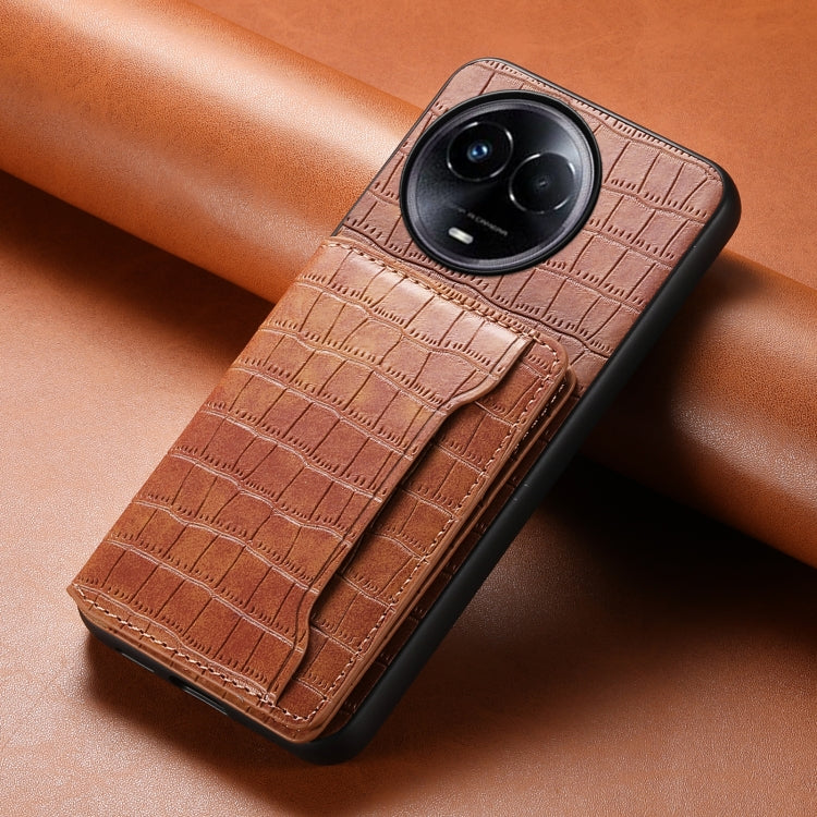 Pour Realme 11 5G Coque de téléphone à couverture intégrale avec motif crocodile et pochette pour cartes (Marron)