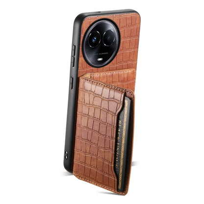 Pour Realme 11 5G Coque de téléphone à couverture intégrale avec motif crocodile et pochette pour cartes (Marron)