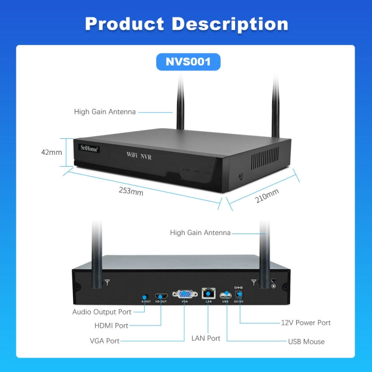 SriHome NVS001E-IPC047 Ultra HD 4 Channel WiFi Network Video Recorder Set(EU Plug)