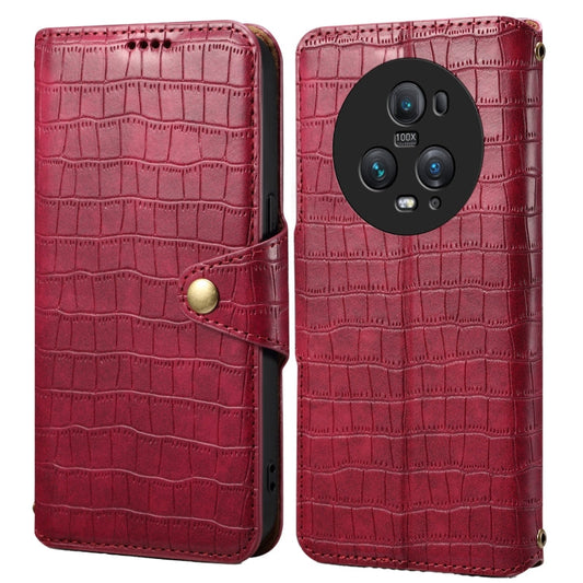 Pour Honor Magic5 Pro Étui de Téléphone en Cuir avec Texture Crocodile Denior et Bord Huilé (Rose Rouge)
