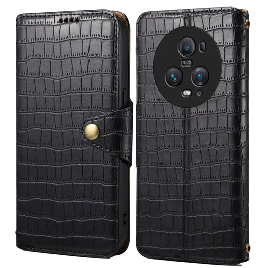 Pour Coque de Téléphone en Cuir à Bord Huilé avec Texture Crocodile Dénior pour Honor Magic5 Pro (Noir)