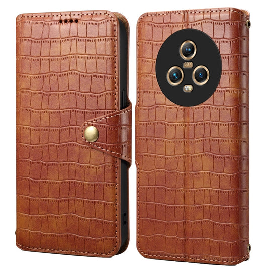 Pour coque de téléphone en cuir avec texture crocodile et bords huilés Honor Magic5 Denior (marron)