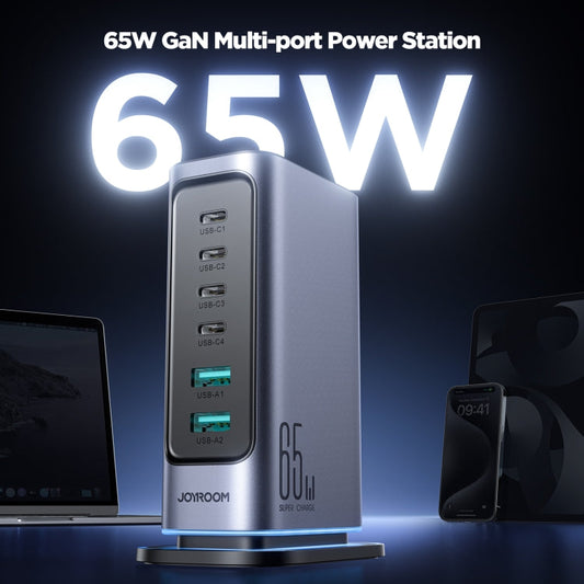 JOYROOM JR-TCM02 6 in 1 65W GaN 4 USB-C & 2 USB-A Multi-port Charger, Power Plug:EU Plug(Dark Gray)