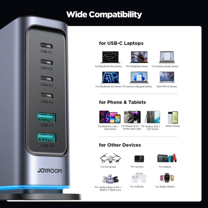 JOYROOM JR-TCM02 6 in 1 65W GaN 4 USB-C & 2 USB-A Multi-port Charger, Power Plug:UK Plug(Dark Gray)