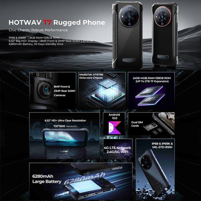 [HK Warehouse] HOTWAV T7 Rugged Phone, 4GB+128GB, 6280mAh, 6.52 inch Android 13 MT8788 Octa Core, Network: 4G, OTG(Red)