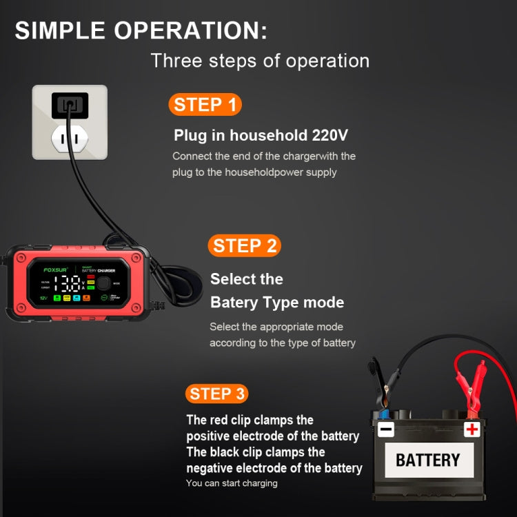 FOXSUR 7A 12V Car / Motorcycle Smart Battery Charger, Plug Type:UK Plug(Red)