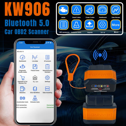 KONNWEI KW906 Scanner OBD2 Bluetooth 5.0 pour voiture Compatible Android et iOS (Noir)