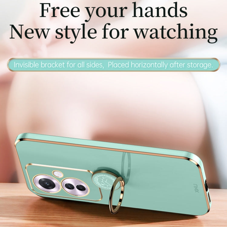 For OPPO Reno11 F XINLI Straight Edge 6D Electroplate TPU Phone Case with Ring Holder(Mint Green)