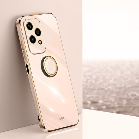 For Honor 200 Lite Global XINLI Straight 6D Plating Gold Edge TPU Shockproof Case with Ring Holder(Pink)