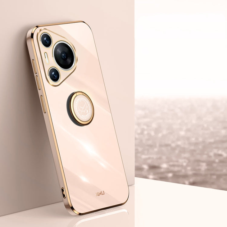 Pour Huawei Pura 70 Pro / Pura 70 Pro+ Étui antichoc XINLI Straight 6D en TPU plaqué or avec anneau (Rose)
