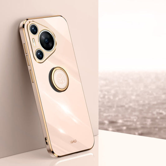 For Huawei Pura 70 XINLI Straight 6D Plating Gold Edge TPU Shockproof Case with Ring Holder(Pink)