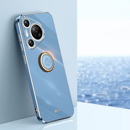 Pour Huawei Pura 70 Coque Antichoc en TPU avec Bord Plaqué Or et Anneau Support XINLI Droit 6D (Bleu Céleste)
