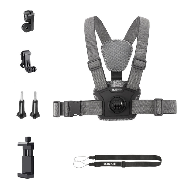 Sangle de poitrine 6-en-1 avec support et vis pour téléphone (gris)