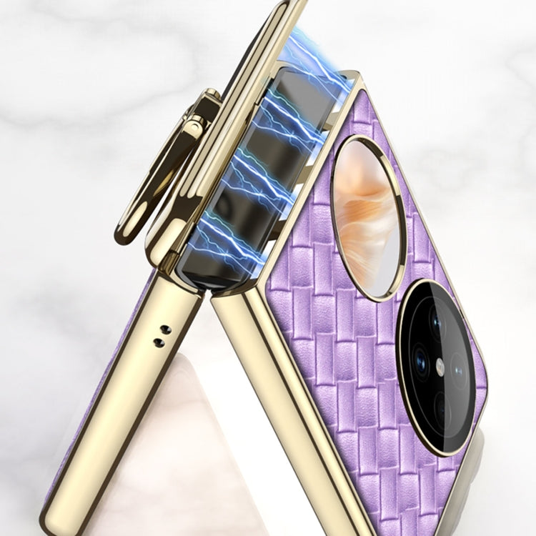 For Huawei Pocket 2 GKK Magnetic Shaft Electroplated Plain Leather Woven Texture Phone Case with Ring(Champagne Gold)
