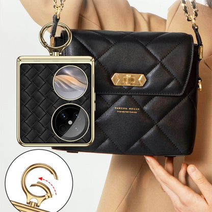 For Huawei Pocket 2 GKK Magnetic Shaft Electroplated Plain Leather Woven Texture Phone Case with Ring(Black)